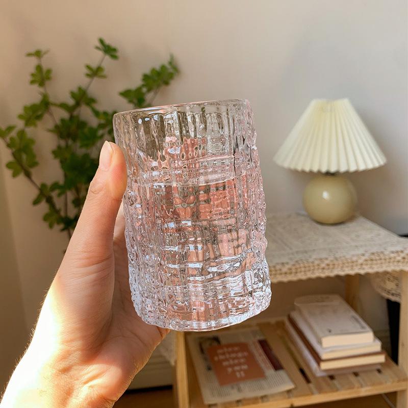 250ml/350ml Bark Patterned Glass Water Cup for Female Relief Glass Cups Drinks Summer Fruit Juice Beverage Milk Cup Water Bottle