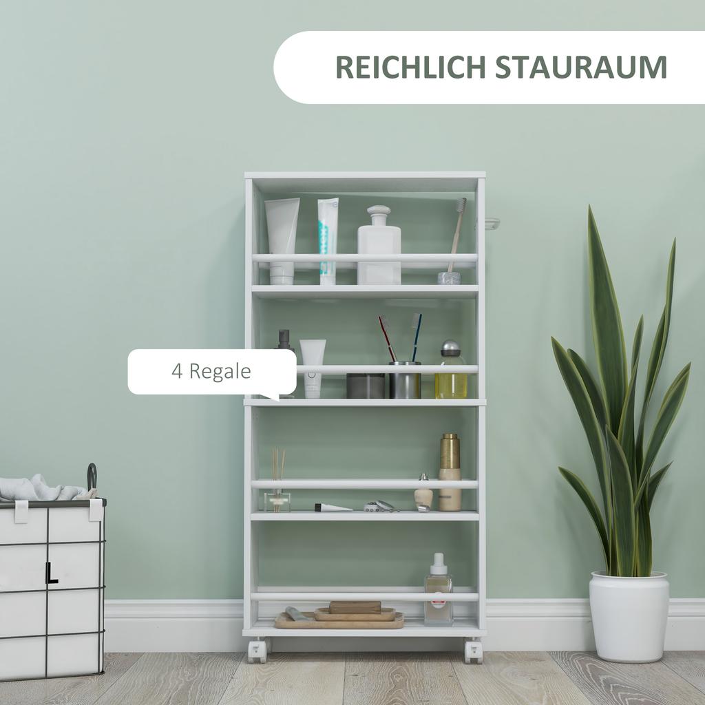 Multifunkční regál na kolečkách, úzký design, 4 přihrádky, 45x15x91 cm, bílý