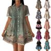 Women’s Casual Loose Fit Shirt Dress with Button Front Stand Collar Short Sleeve Patchwork Print Lightweight Design