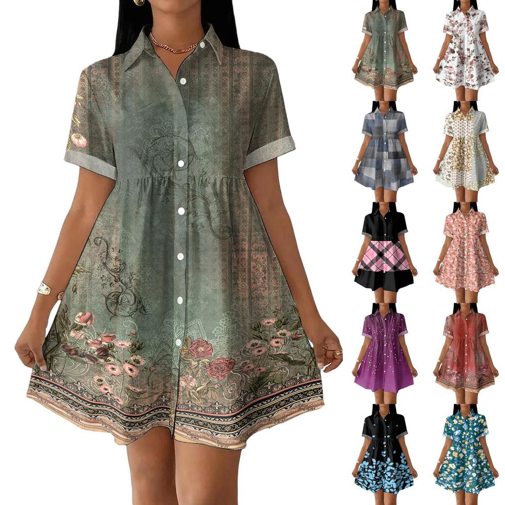 Women’s Casual Loose Fit Shirt Dress with Button Front Stand Collar Short Sleeve Patchwork Print Lightweight Design