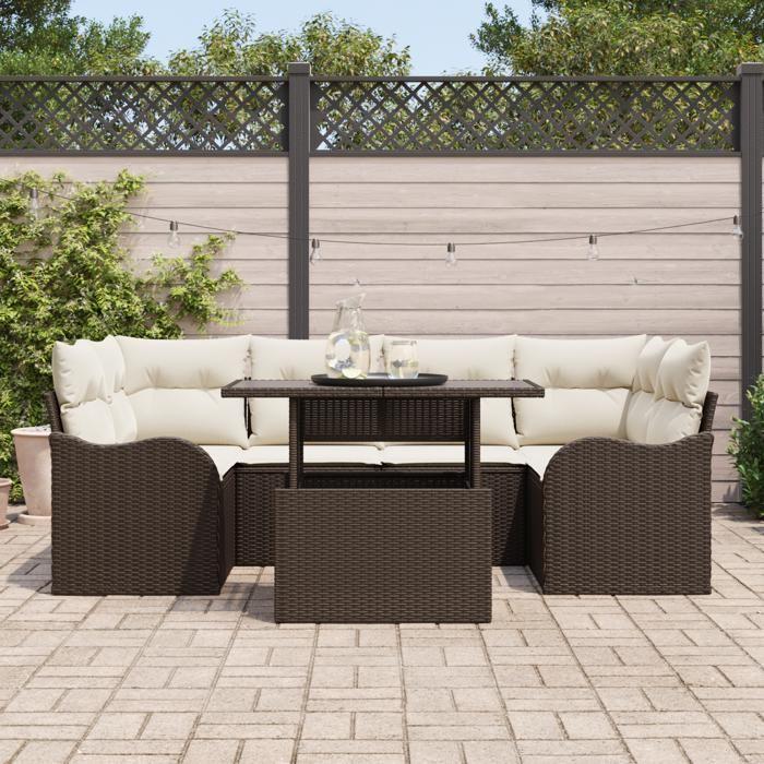 Ensemble de Canapés de Jardin 7 pièces vidaXL avec Coussins Marron Rattan Poly, Canapé de Jardin 2 Places vidaXL 3357131