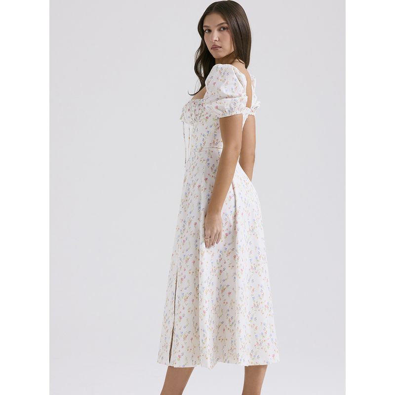 House Same Watercolor Garden French Sweet Floral Square Collar Puff Sleeves Waist Slimming Slit Dress