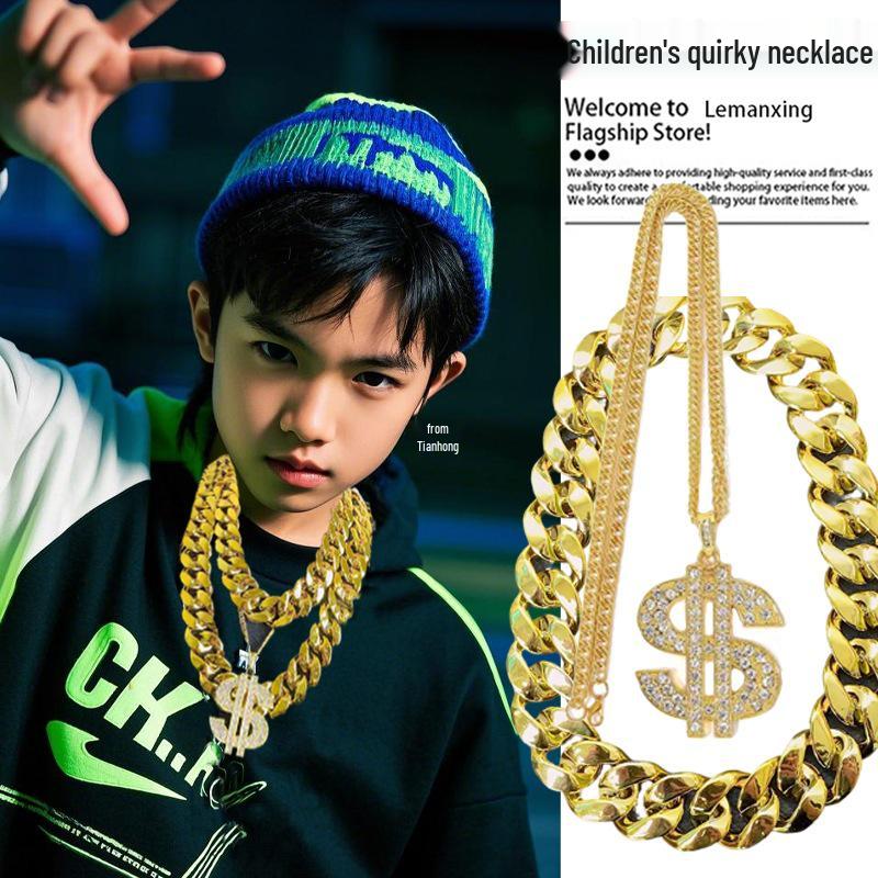 Kids Hip Hop Dance Necklace: Fun Gold Chain for Boys & Girls, Perfect for Jazz Dance & Trendy Outfits