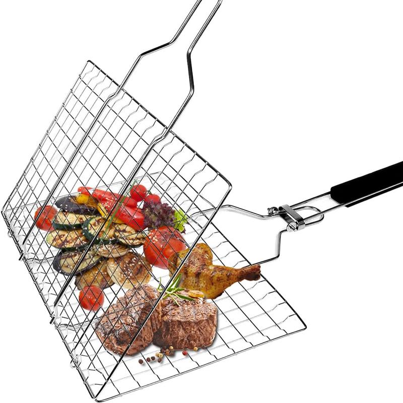 1pc Folding Portable BBQ Grill Basket    Stainless Steel BBQ Rack With Removable Handle for Meat, Steak, Shrimp, Vegetable