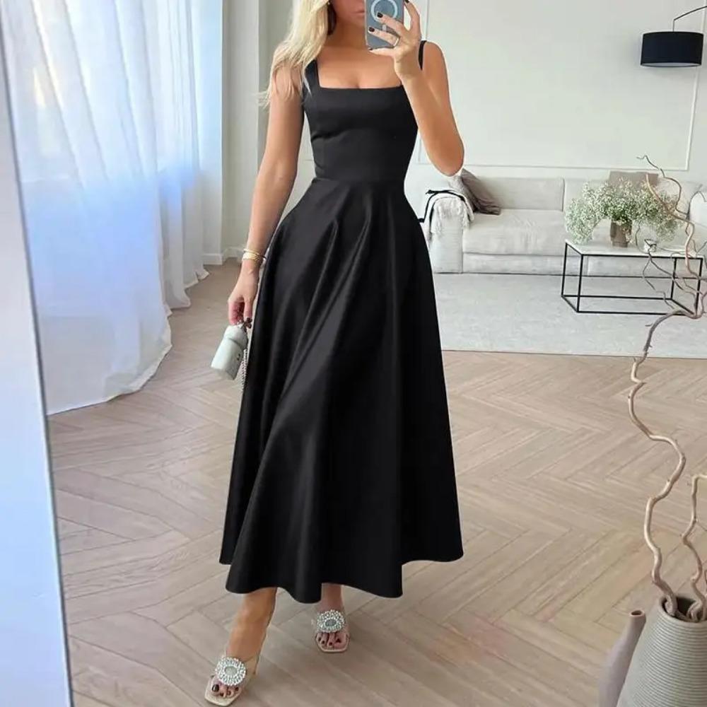 LYRIA Sexy Maxi šaty se čtvercovým výstřihem Dámská móda Saténové hedvábné šaty s pasem Společenské šaty Elegantní jednobarevné deštníkové Vestido
