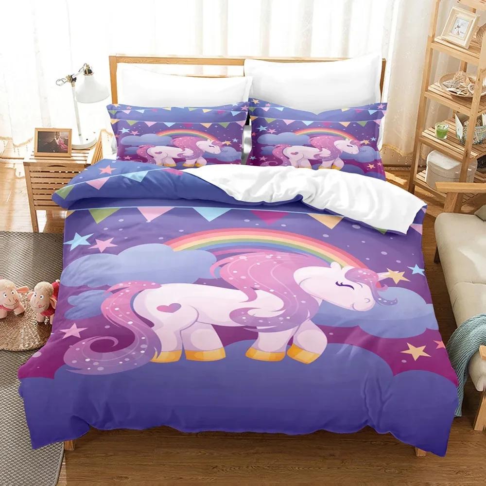 Dětské povlečení s duhovým jednorožcem Kawaii kreslená zvířátka Povlečení pro kluky a holky 2/3dílné Sady povlaků na přikrývku velikosti Twin Single Double Queen