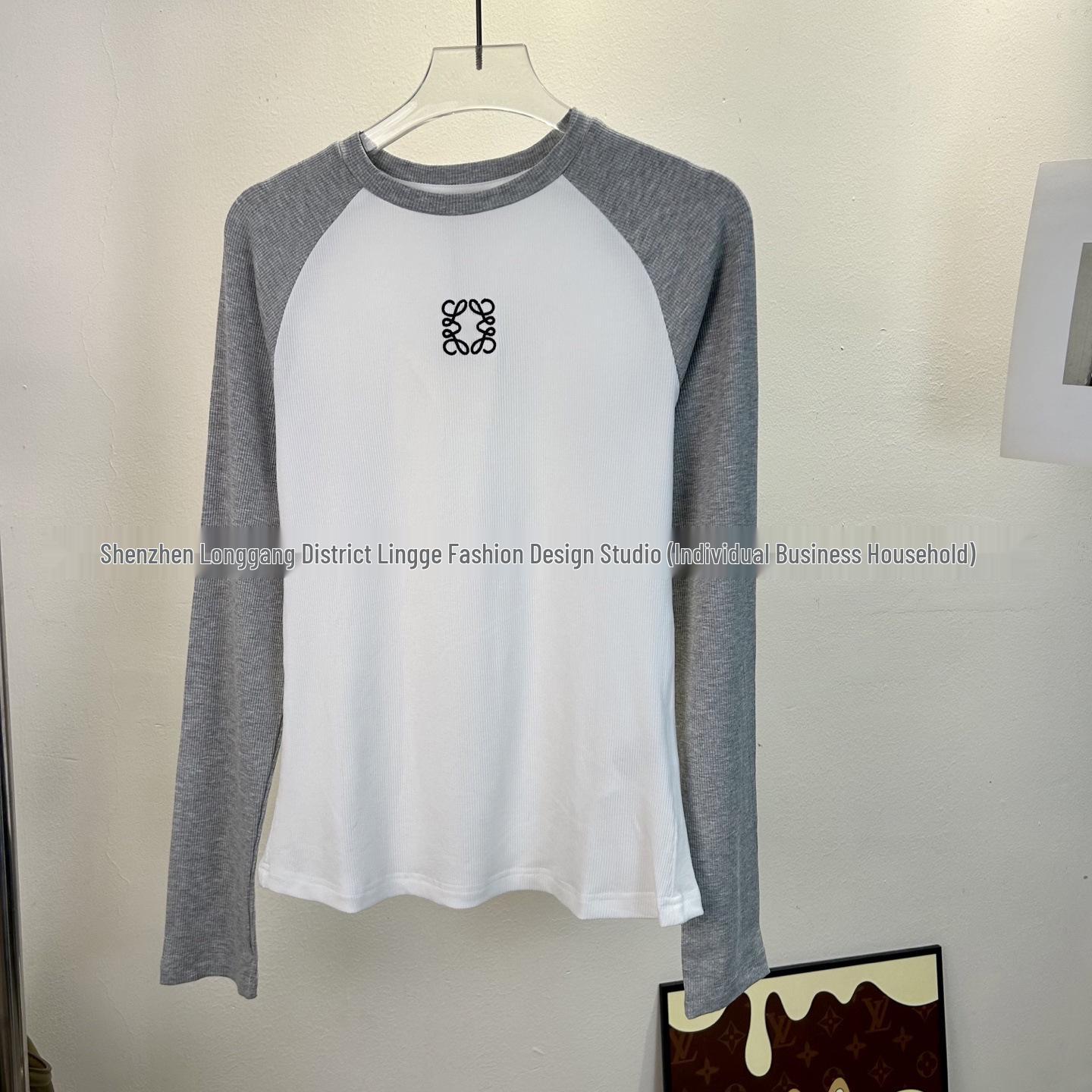 

Жіноча футболка Lingge 2025 Осінь, Колірний блок, Вишивка, Реглан, Круглий виріз, Довгий рукав Small білий