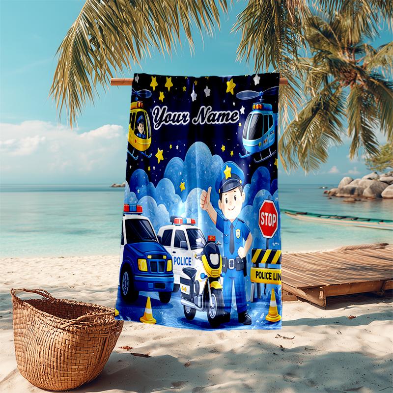 1PC Custom Name Police Night Adventure Beach Towel Highly Absorbent And Sand-Resistant Towel for Swimming, Pool, Yoga, And Travel Lightweight