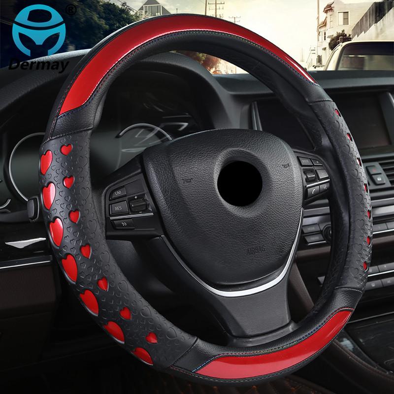 DERMAY 5colors Auto Steering Wheel Cover with "LOVE" pattern Waterproof Synthetic Leather & Non-slip Silica gel Girl