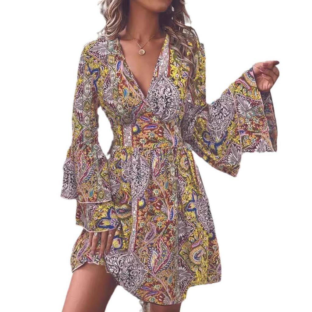 Abiti stampati in stile bohémien per donna, alla moda, maniche a campana, scollo a V, eleganti, da donna, a trapezio, primaverili ed estivi, casual, da spiaggia