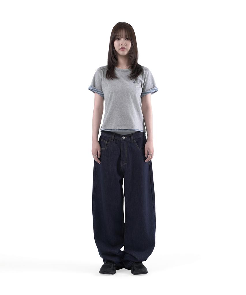 SLOW RECORD HOUSE Layered Check Roll-Up T-Shirt_Gray