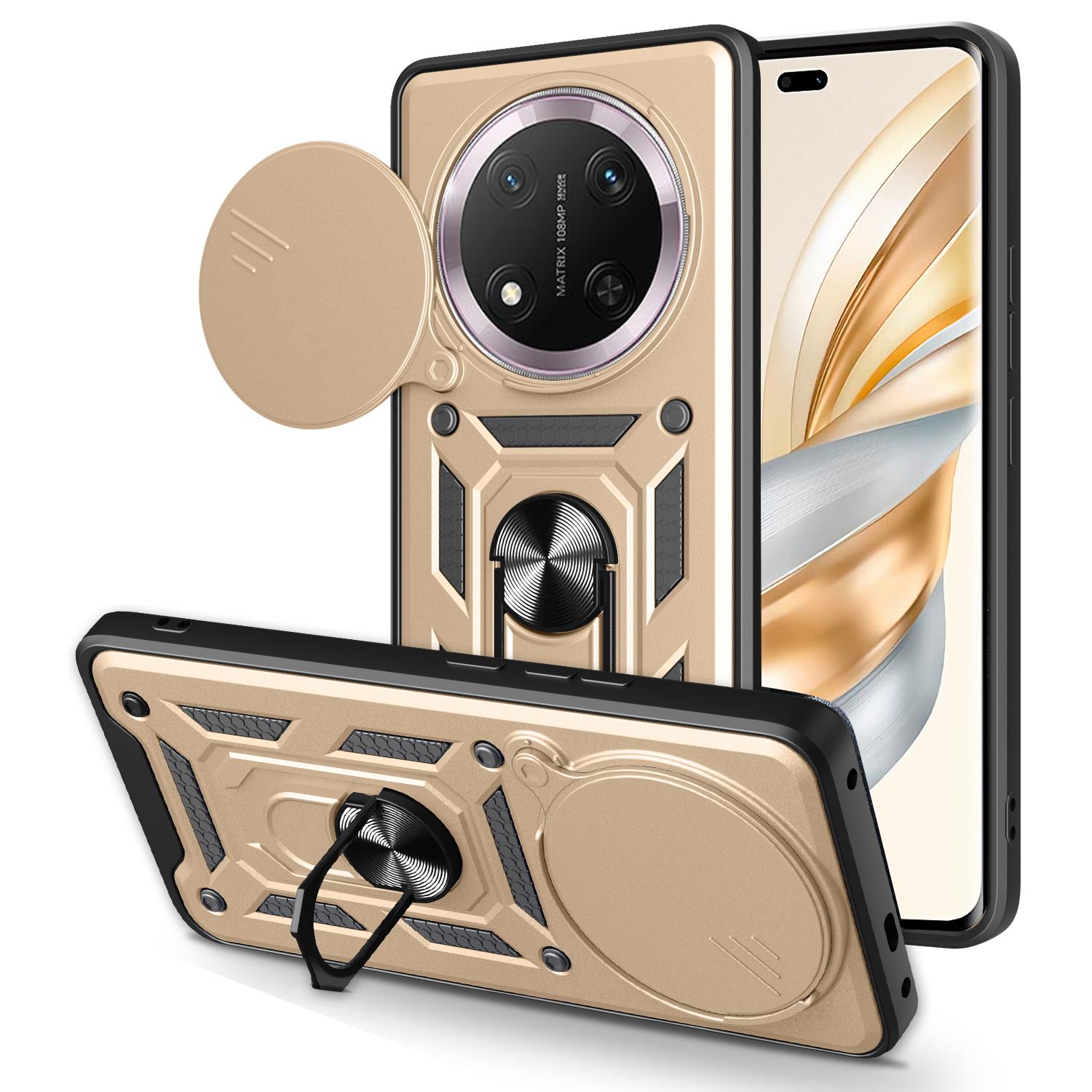 

For Honor X60 Pro 5G/Magic7 Lite 5G/X9c 5G Case with Slide Camera Lid PC+TPU Kickstand Phone Cover Gold