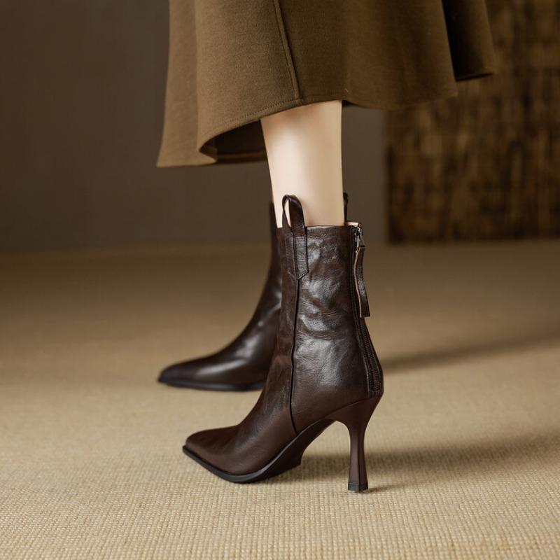 Pointed-toe Shoes, High-heeled Boots, Women's Shoes, Thin Heel, Soft Leather, Versatile, Short Boot