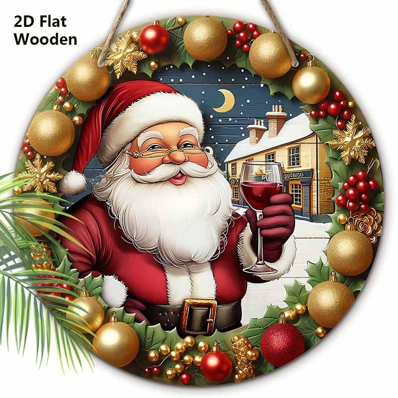 Wooden Christmas Sign with Kindly Santa Claus Pattern - Navidad Round Sign for Front Door Wall Hanging Decor - Ideal Christmas Decoration