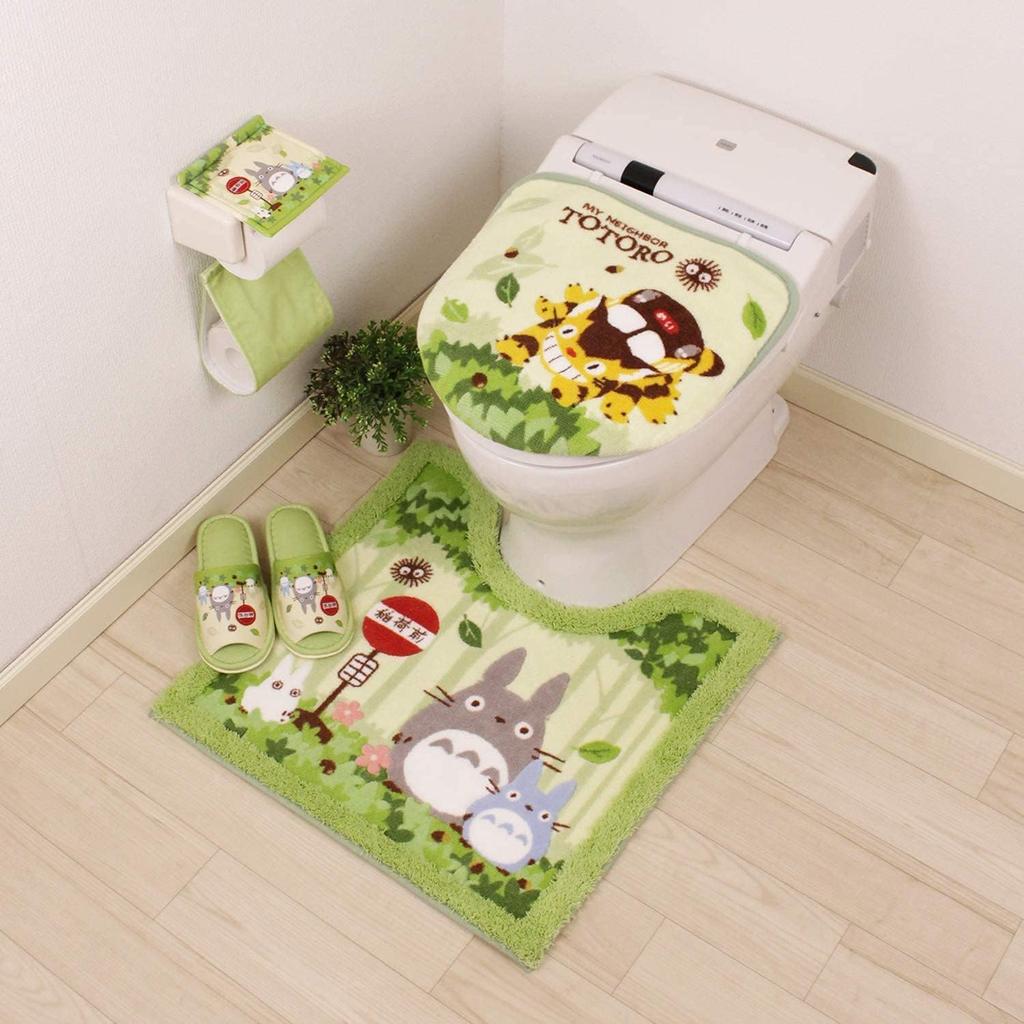 My Neighbor Totoro Friends Washing Toilet Seat Lid Cover Toilet Mat Slippers Paper Holder Cover 4 Piece Set Green