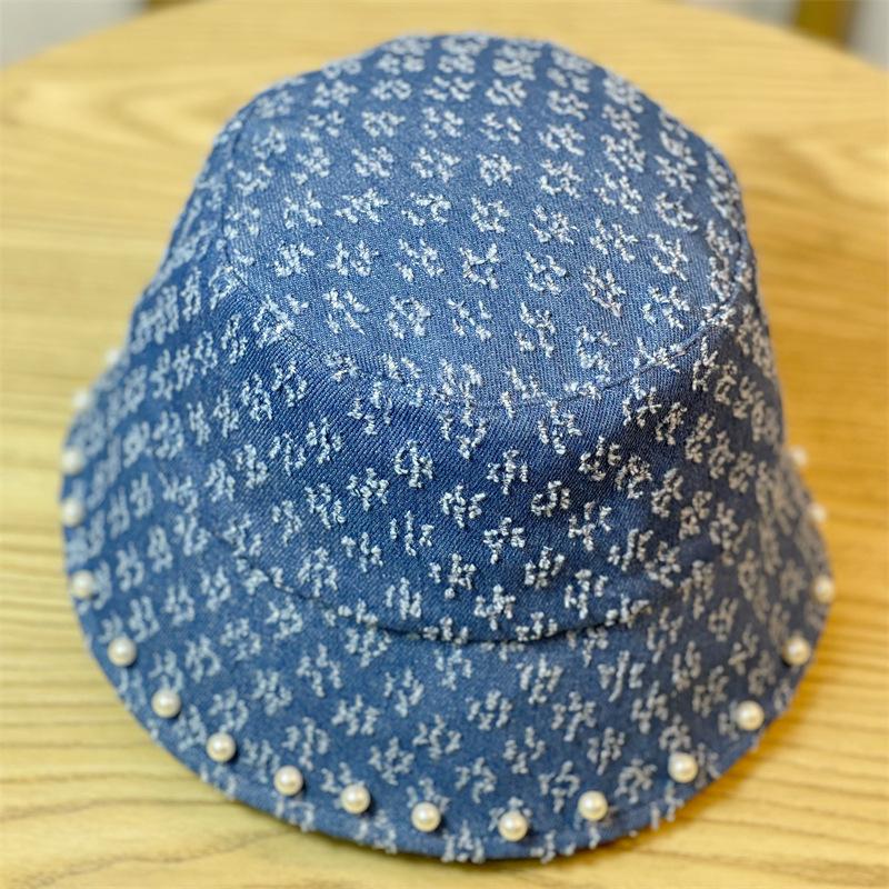 New Retro Washed Denim Pearl Bucket Hat Women's Autumn and Winter Bucket Basin Hat Children