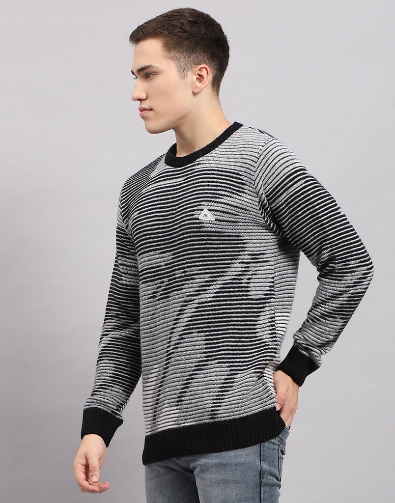 MONTE CARLO Mens Self Design Black Round Neck Full Sleeve Pullover