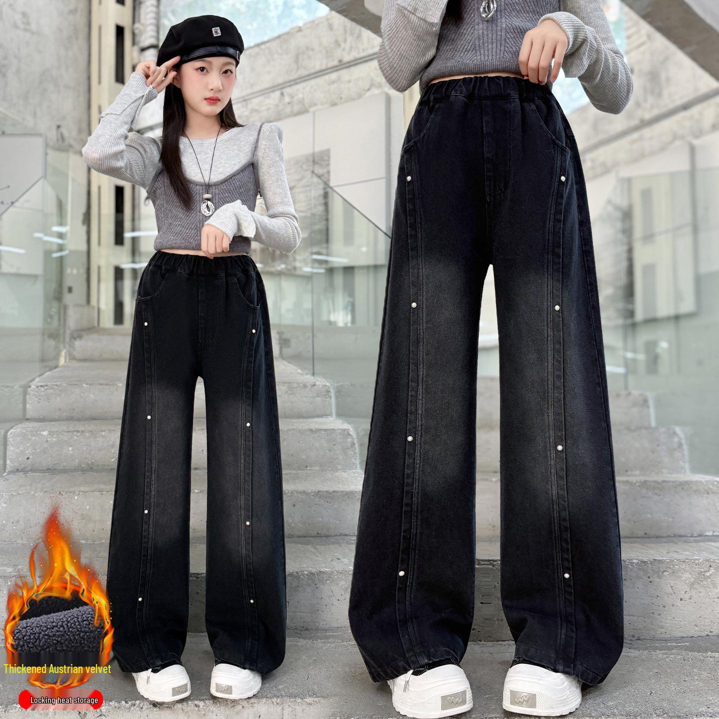 

Джинси широкого крою на флісовій підкладці для дівчаток - Осінньо-зимова мода Вільні суцільні штани для дітей Size 140cm