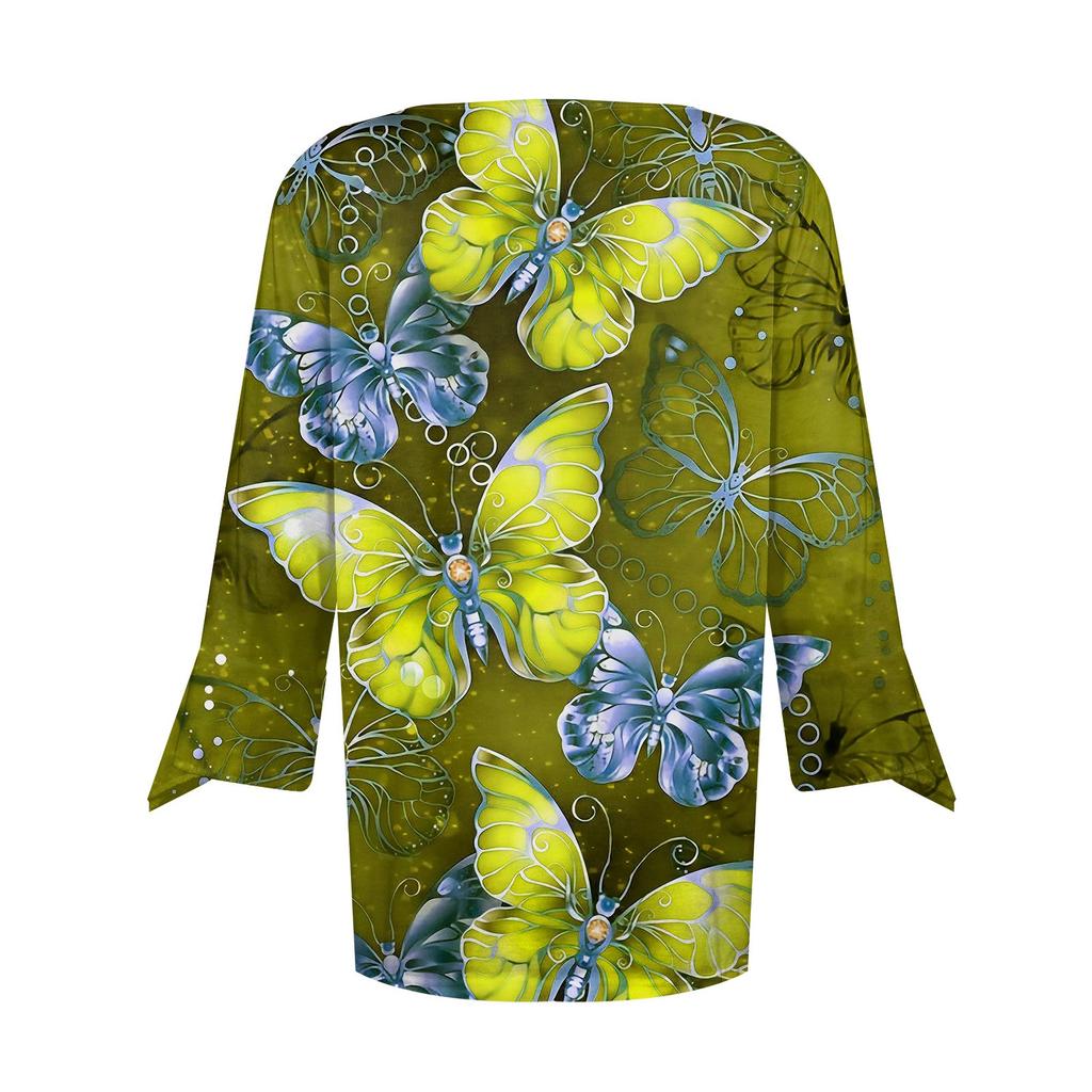 3/4 Sleeve Shirts For Women Pattern Butterfly Print Graphic Tees Blouses Casual Plus Size Basic Tops Pullover
