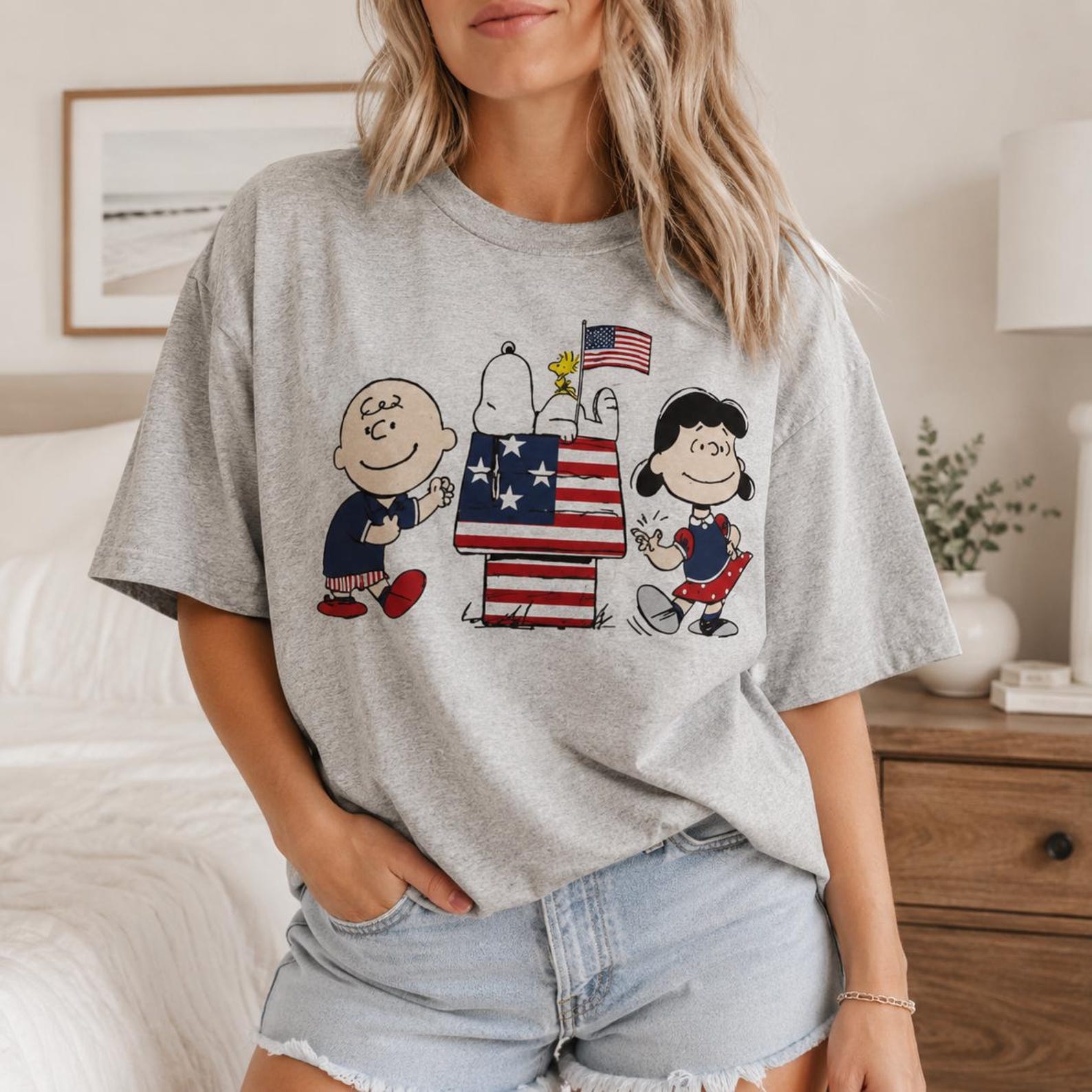 Peanuts Snoopy Patriotic Friends T-Shirt, Comfort Colors Ivory Tee, USA Flag Graphic M