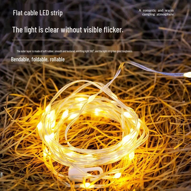 Rechargeable Outdoor Camping LED String Lights with Measuring Tape and Gas Atmosphere Lighting, Long Battery Life, Wind-Resistant Hanging Tent Rope.