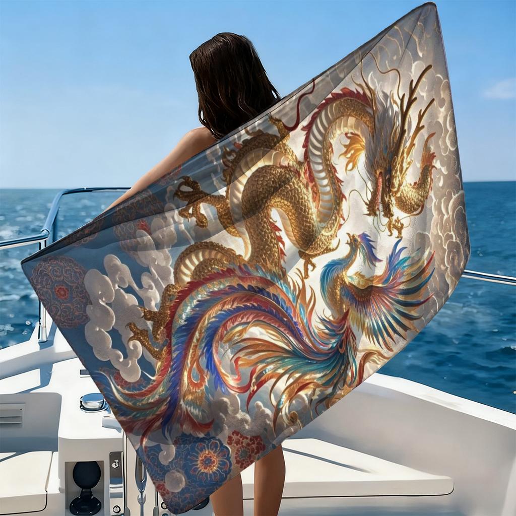 Traditional Chinese Dragon and Phoenix Beach Towel Quick-drying Towel Suitable for Seaside Pool Camping Yoga For Family Friends