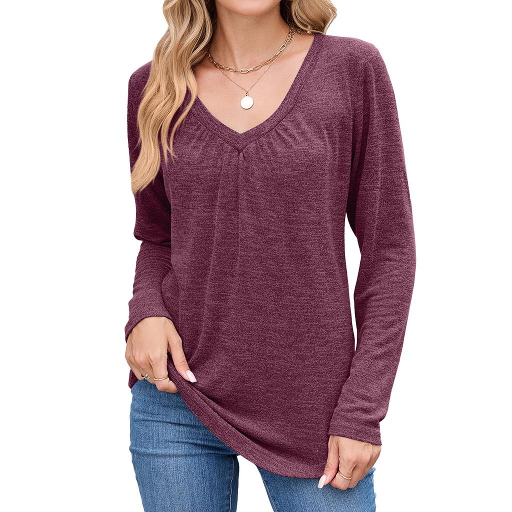 New Autumn and Winter Pleated V-neck Loose Long-sleeved T-shirt Top for Women