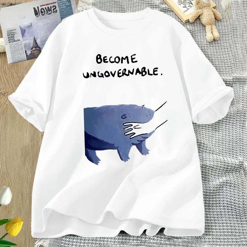 Become Ungovernable Hippo TShirt Moo Deng Design Funny Animal Graphic Tee Rebellious Meme Humor T Shirt Short Sleeve Top S