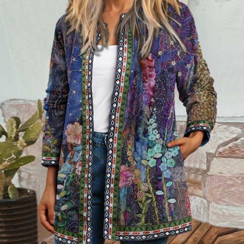 Cardigan Vintage U Neck Flower Print Rich Colors Long Sleeves Pockets Colorfast Loose Ethnic Open