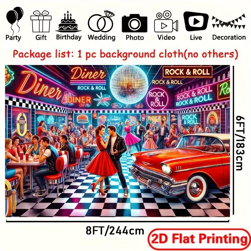 2D Vintage 1950s Diner Backdrop Rock & Roll Party Photo Background Cloth