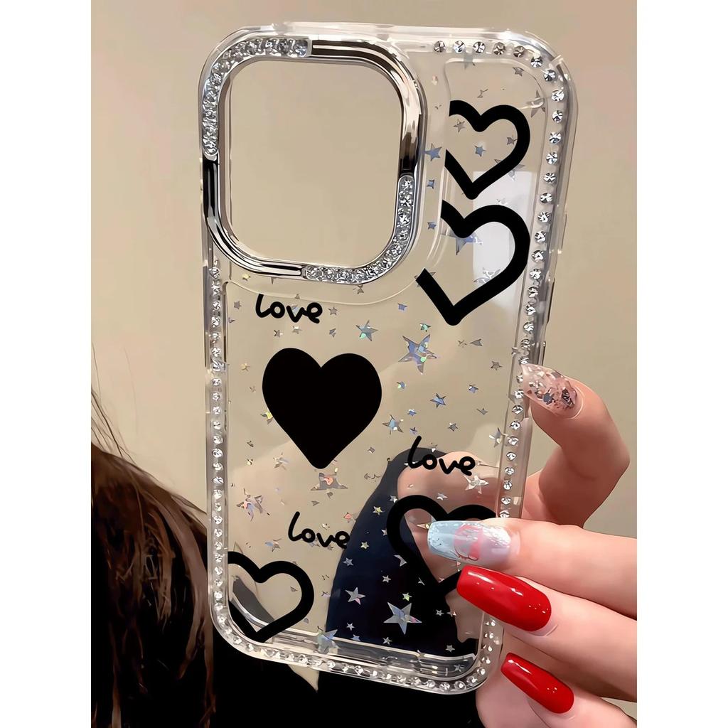 Love Black Love Applies To Apple iPhone16/17Pro Mobile Phone Case 15 Flash Diamonds 13 Advanced 14 Large Holes