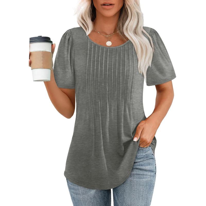 Lockeres neues plissiertes Rundhals-Kurzarmhemd Damen Oberteil, Gestreift Uni Farbe Damenbekleidung