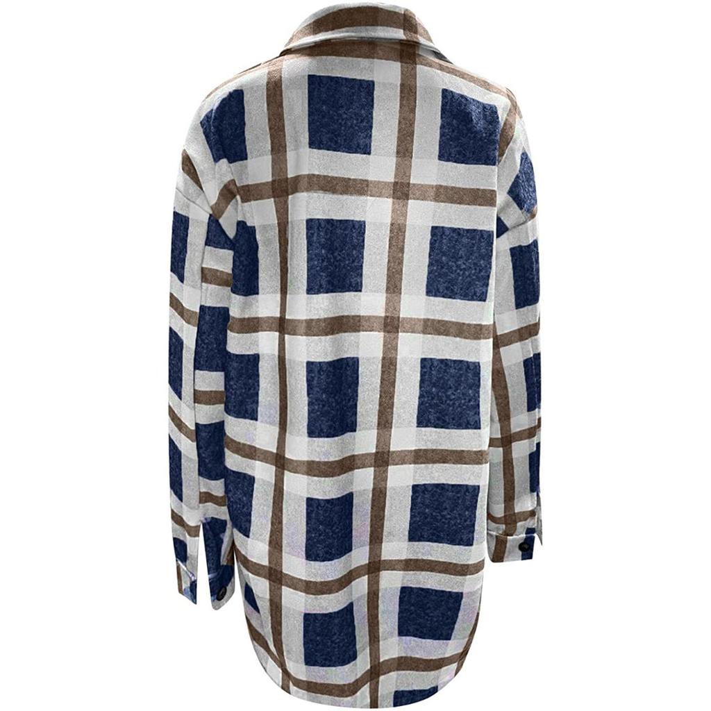 Damen-Hemden mit gebürstetem Karomuster, langärmlig, Flanell, Revers, Knopfleiste, Taschen, Shacket-Jacke, Mäntel