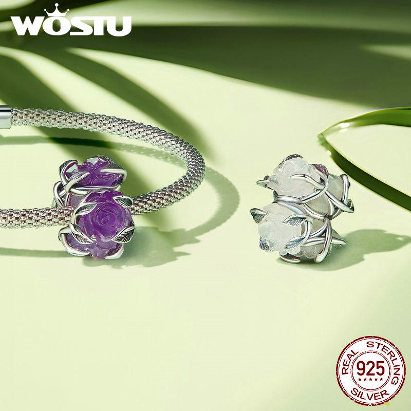 WOSTU 925 Sterling Silver Roses & Moon Dragonfly Charm Four-leaf Clover Beads for Women Girls Bracelet & Bangle DIY Jewelry