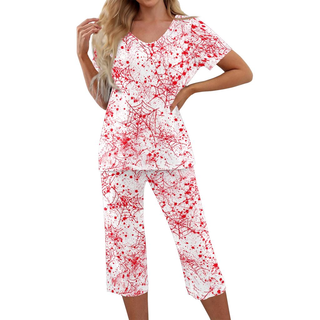 Women's Two Piece Halloween Print Lounge Set Short Sleeve V Neck Top and Capri Pants Casual Pajama Set for Relaxed Fit