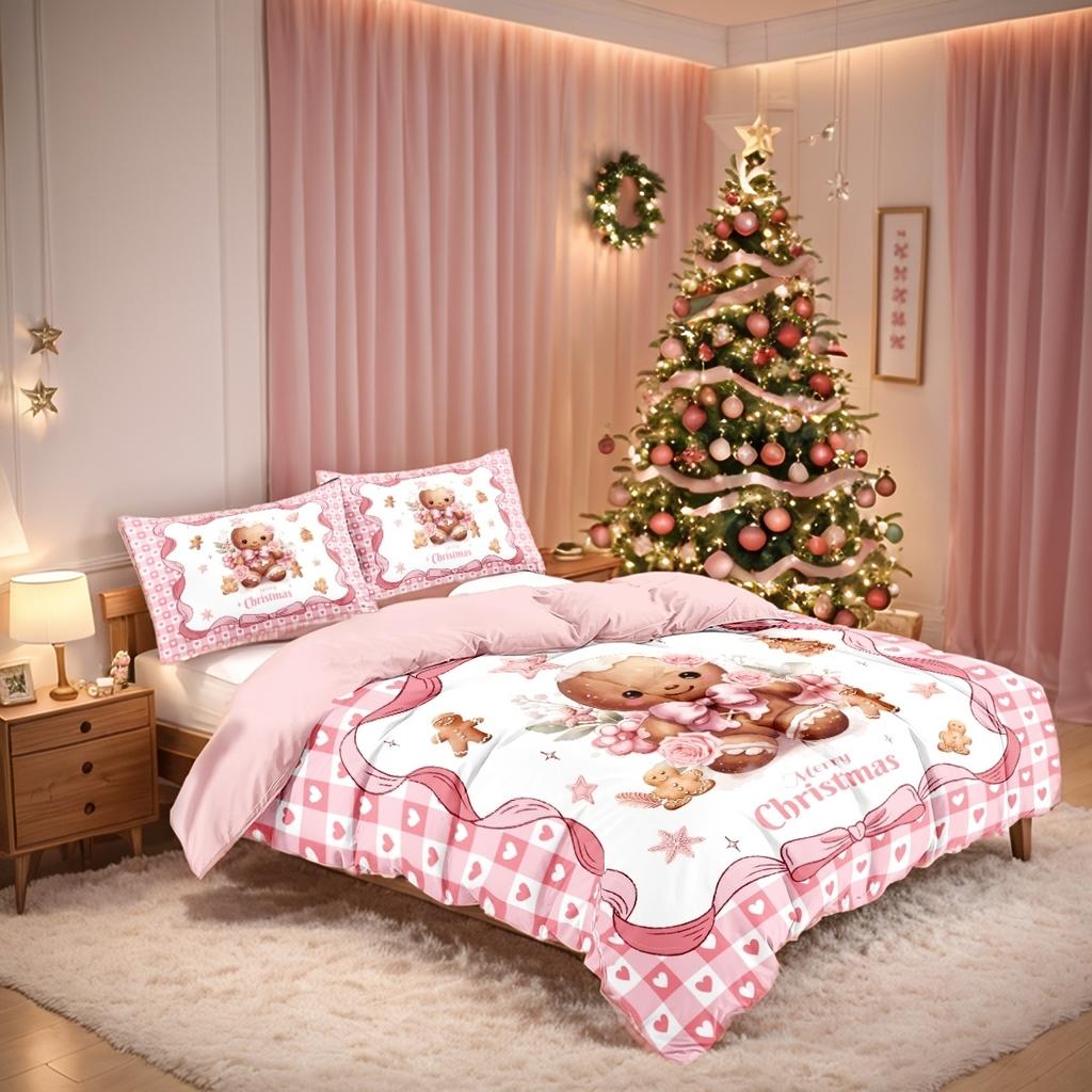 Three-Piece Christmas Themed Quilt Set Twin Size, Oversized Girly Pink Cartoon Sugar Cookie Bedding Christmas Element Printed