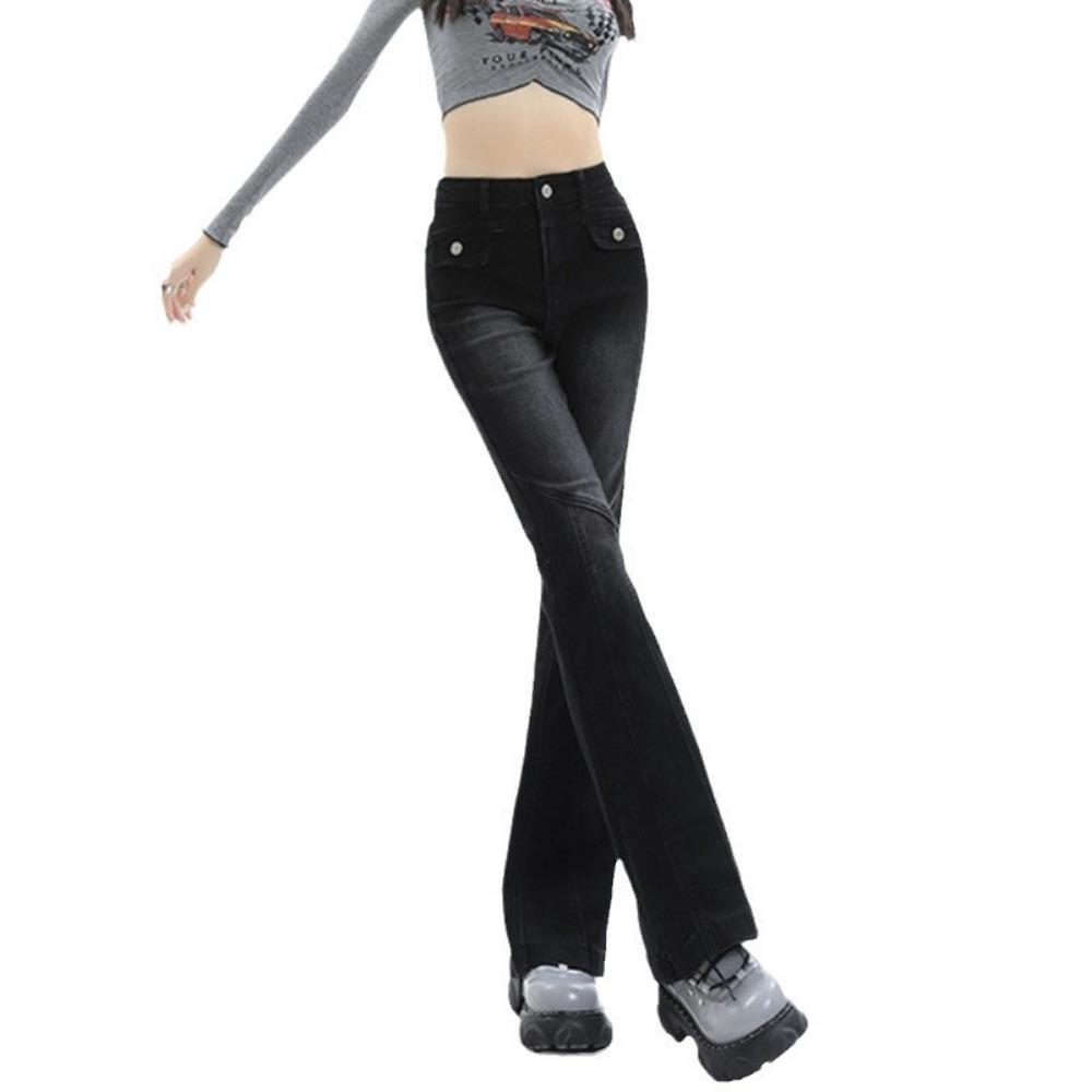 High Street Temperament Slightly Pulled Jeans Women's Spring and Autumn New High-waisted Design Horseshoe Horn Jeans Tide