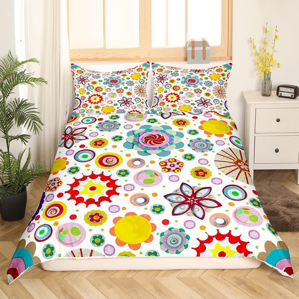 Retro Flowers King Queen Bedding Set Cartoon Vintage Floral Duvet Cover Boho Abstract Quilt Cover Soft Polyester Comforter Cover