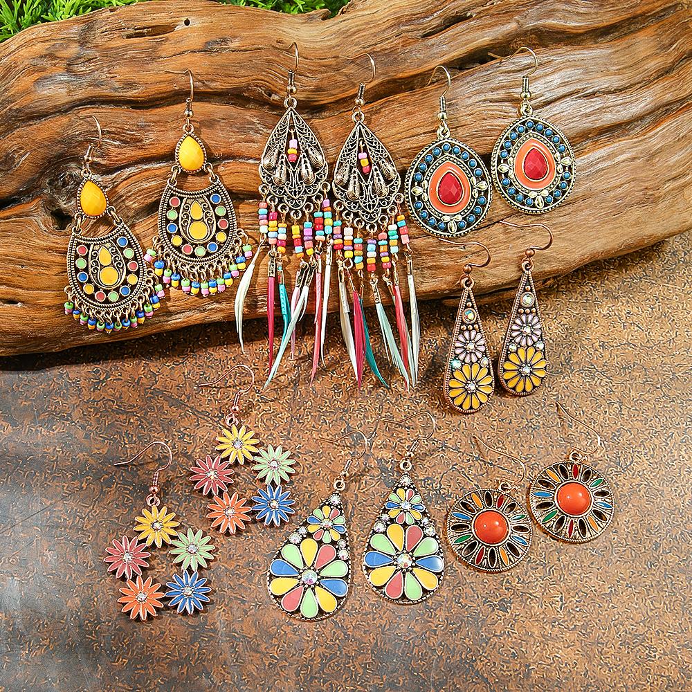 Women Vintage Colorful Dangle Earrings Set Boho Statement Tassel Ornaments Chic Holiday Gifts Party Decors Daily Wear Versatile