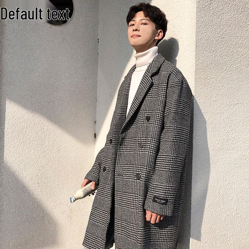Men's Trendy Double-Breasted Plaid Wool Coat - Autumn/Winter Korean Style, Large Size Hong Kong Fashion