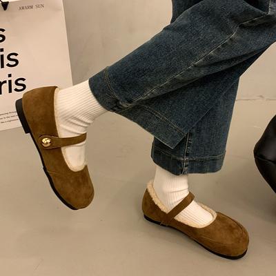 Velvet Beanie Shoes Women's Autumn and Winter Retro Word with Flat Bottom One Pedal Mary Jane Shoes Warm Beanie Shoes
