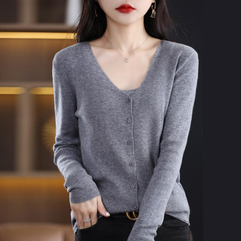 Women's 100% Pure Wool V-Neck Cardigan - Solid Color, Button-Up, Loose Fit Knitwear