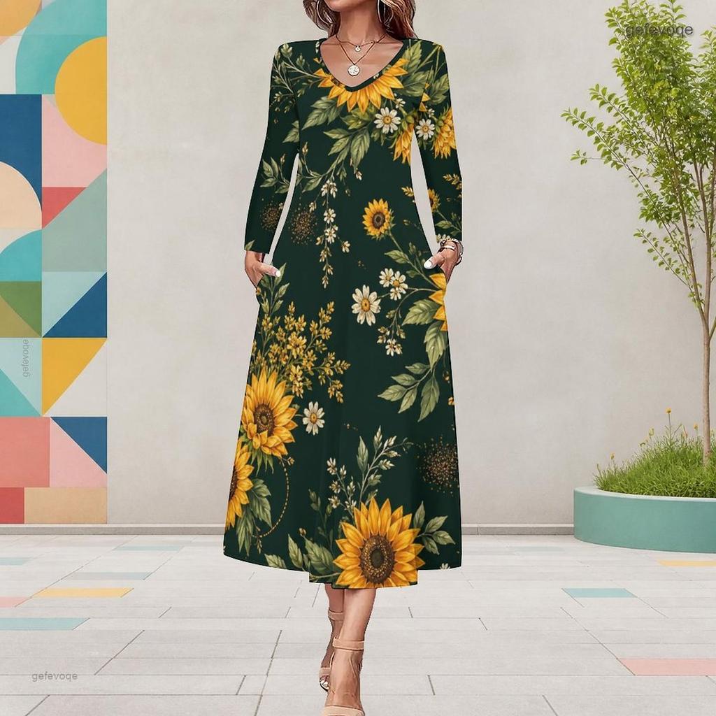 Women Plus Size V Neck Long Sleeve White Floral Printed A Line Midi Dress With Pockets