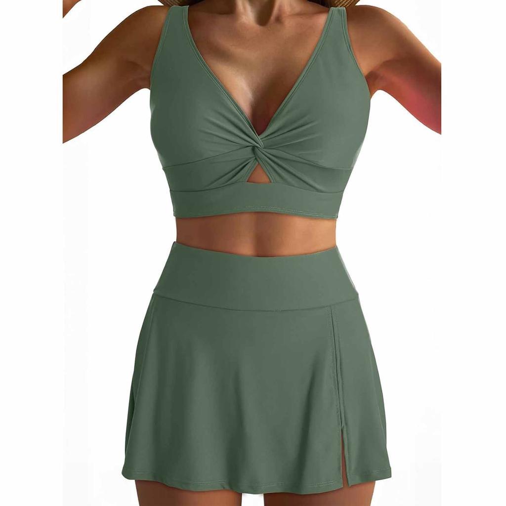 Women High Waist Skirt Bikini Set Two Piece Swimsuit with Twist Front Top and Skirted Bottom for Beach Pool Swimwear