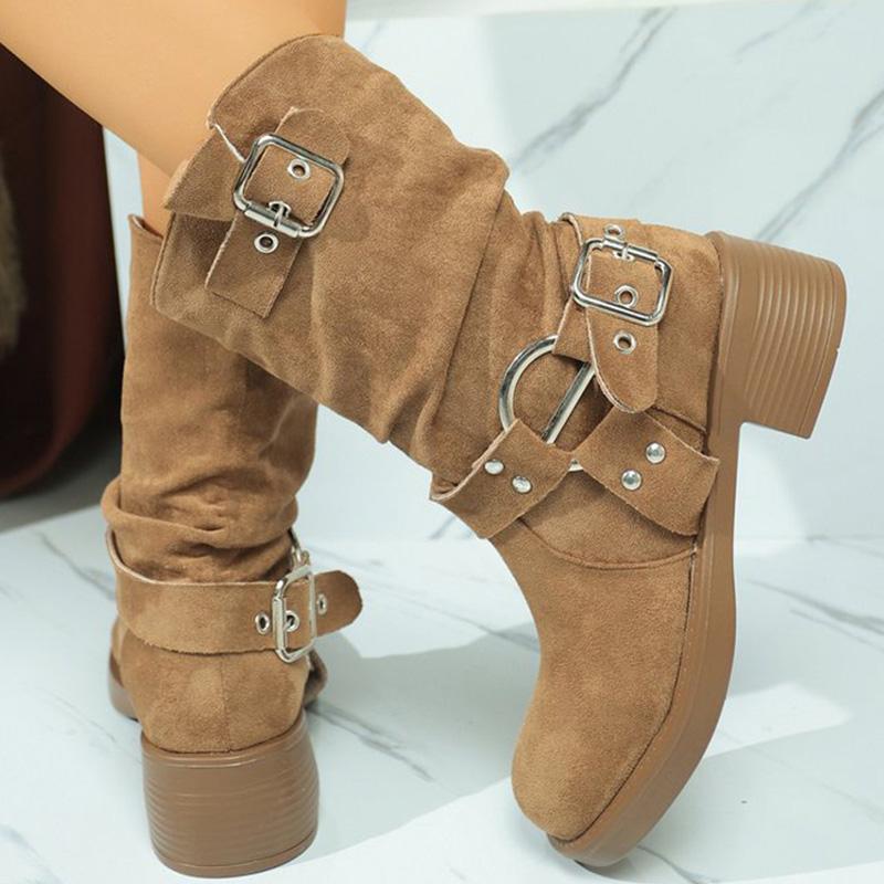 Fashion Khaki Faux Suede Boots for Women Autumn Winter Street Style Buckle Strap Decoration Ankle Boots Woman Rivet Platform Botas Lady