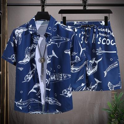 Completo da spiaggia hawaiano da uomo, con camicia monopetto a maniche corte e pantaloncini, casual, estivo, per le vacanze e i viaggi