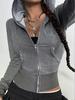 Damen Langarm Kapuzenpullover Reißverschluss Kragen Lässige Kurze Jacke Kapuzenpullover Mit Nieten Sweatshirt