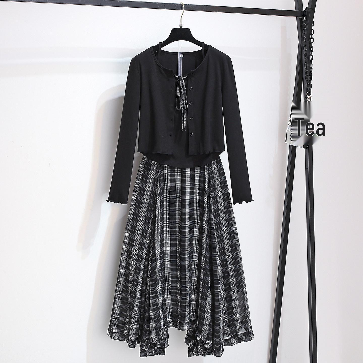 

Women s Blue Knit Cardigan and Cami with Irregular Plaid Chiffon Skirt Set - Spring 2026 New Arrival Large