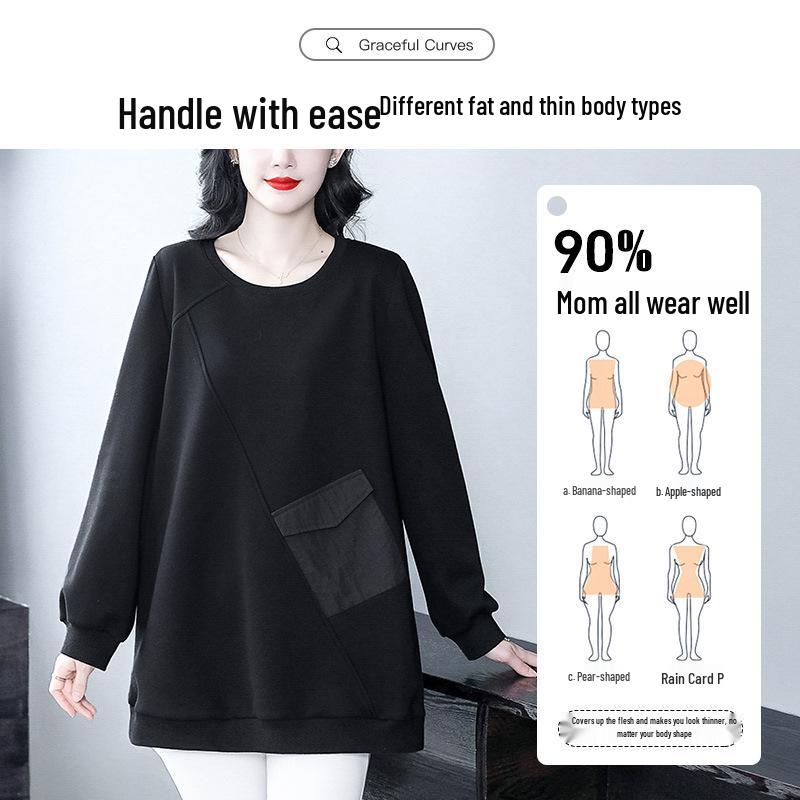 Plus Size Fleece-Lined Casual Loose Sweatshirt with Pockets - Slimming Long Sleeve Top for Middle-Aged Women