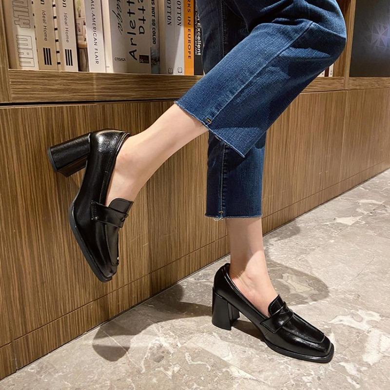 Fashion French Heels Women's Retro Square Toe Block Heel Temperament Single Shoes Slip-on Loafers